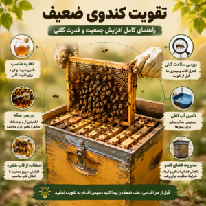 تقویت کندوی ضعیف با بررسی ملکه، تغذیه مناسب، قاب شفیره و مدیریت فضای کندو